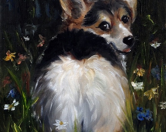 Pembroke Welsh Corgi Dog Wall Art Print of Oil Painting art funny pet portrait gift for corgi pet owner Mary Sparrow wildflowers fluffy butt