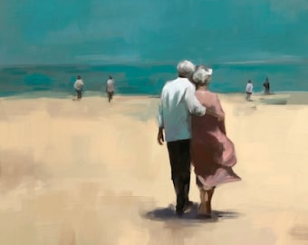 Nostalgic figurative Beach Romantic Senior Couple Painting by Mary Sparrow, coastal art, gift for anniversary, Love, golden years, Romance