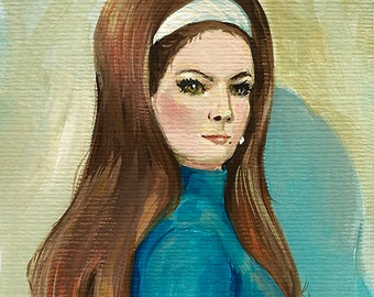 ORIGINAL GOUACHE  Nostalgic Figurative Retro Vintage hair Style Painting by Mary Sparrow Woman "if she knew then what she knows now "