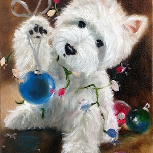NEEDLEPOINT CANVAS PRINT Westie West Highland Terrier Dog Art by Mary Sparrow Holiday Christmas Ornaments Lights