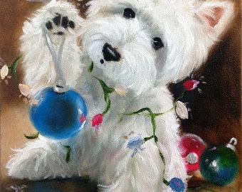 NEEDLEPOINT CANVAS PRINT Westie West Highland Terrier Dog Art by Mary Sparrow Holiday Christmas Ornaments Lights