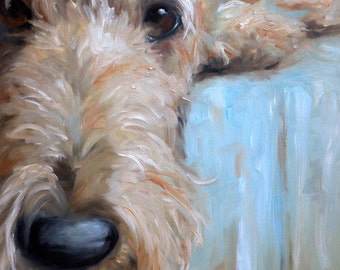 PRINT Airedale Welsh Terrier Dog Puppy Art signed Painting Gift by artist Mary Sparrow