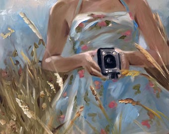 Vintage Summer Girl with Camera Print, Boho Field Art, Painterly Figurative Wall Decor, Retro Cottagecore Print 1950's fashion