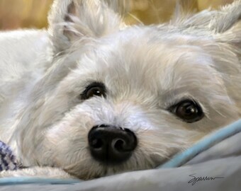 Deluxe Mono NEEDLEPOINT CANVAS "FERGUS" Westie West Highland Terrier Dog Art by Mary Sparrow white puppy face canine portrait painting