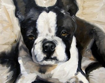 PRINT Boston Terrier Dog Puppy Art Oil Painting / Mary Sparrow dog art gift for pet owner pet portrait home decor for nusery or child's room