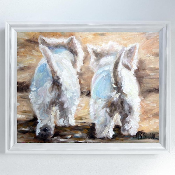 May include: A painting of two white West Highland White Terriers walking away from the viewer. The dogs are painted in a realistic style with soft, fluffy fur and a light brown background.