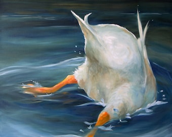Duck Butt Art Print of Original Oil Painting Swim Lake / Mary Sparrow Wall Decor for Lakehouse water fishing bird