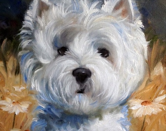 CANVAS or Paper PRINT Westie West Highland Terrier Dog portrait painting "when the wind blows"  / Mary Sparrow pet portrait wall art decor