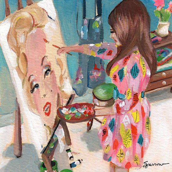 CANVAS or Paper PRINT Retro Vintage Fasihion Nostalgic Figurative art 1950's 60's Artist Painting Marilyn Monroes Portrait Mary Sparrow