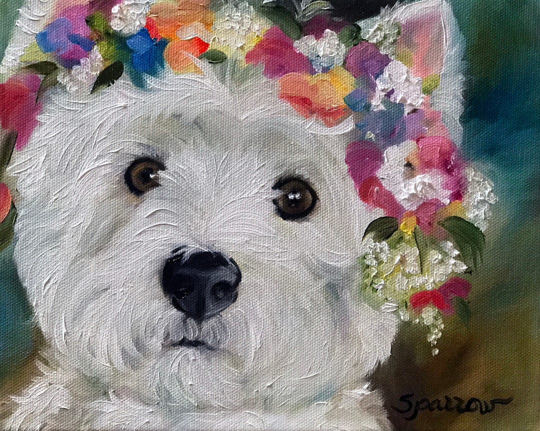 PRINT Westie West Highland Terrier Dog Puppy Art Flower Halo Spring ...
