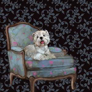 PRINT Westie West Highland Terrier Dog Art Children's Room or Nursery Puppy in French Chair painting / Mary Sparrow home decor canine art