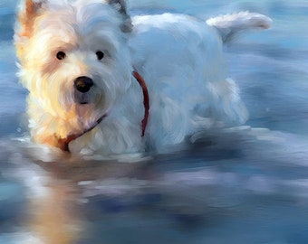 CANVAS or Paper PRINT Westie West Highland Terrier swimming Dog portrait painting / Mary Sparrow pet portrait wall art decor