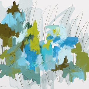 May include: Abstract art print featuring brushstrokes in shades of blue, green, and yellow against a white background. The artwork includes dark brown lines and the artist's signature in the lower left corner. The overall style is modern and expressive.