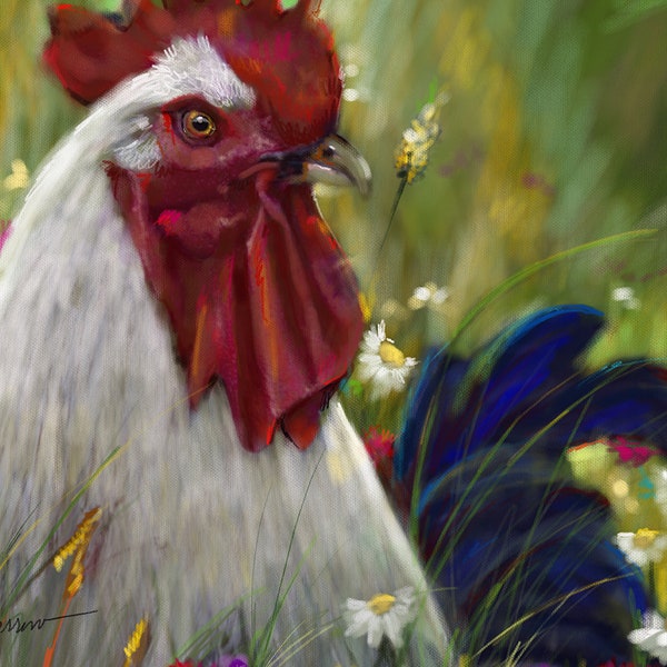IMPRIMIR Gallo Granja Flores silvestres Decoración de la casa de campo Arte de la pared Pintura de animales de granja Tema de granja Amigos emplumados, arte de aves de Mary Sparrow