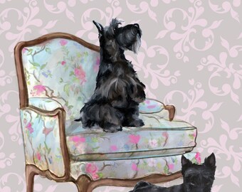 PRINT Scottie Scottiesh terriers Art Children's Room or Nursery Puppy in French Chair painting  home decor print for framing by Mary Sparrow