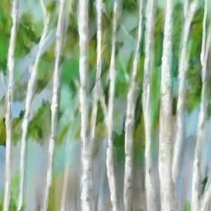PRINT Abstract pastel colors Summer Birch Trees Landscape treescape  blues greens   Mary Sparrow of Hanging the Moon Studio