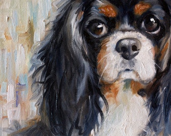 PRINT Tri color Cavalier King Charles Spaniel dog pet portrait  print of painting  puppy art for nursery or child's home decor Mary Sparrow