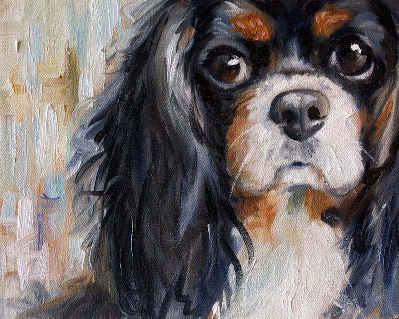 PRINT Tri color Cavalier King Charles Spaniel dog pet portrait print of painting puppy art for nursery or child's home decor Mary Sparrow image 1