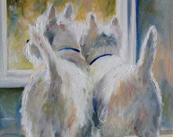 PRINT  of Original Painting White Westie West Highland Terrier Dogs Art Puppy "5 O'clock" / Mary Sparrow pet portraits