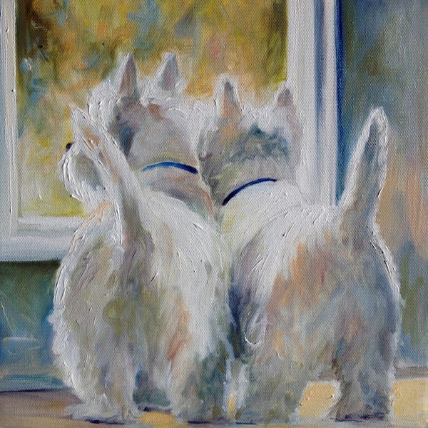 PRINT  of Original Painting White Westie West Highland Terrier Dogs Art Puppy "5 O'clock" / Mary Sparrow pet portraits