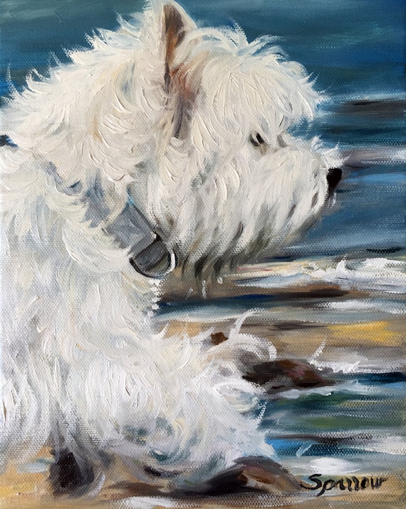 PRINT White Westie West Highland Terrier Dog Art Print Oil Painting Beach  Ocean Sand Mary Sparrow Pet portraits artwork gift for dog mom