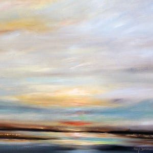PRINT of original oil painting sunset landscape &quot;Golden&quot; water, marsh, river abstract  Mary Sparrow of Hanging the Moon Studio