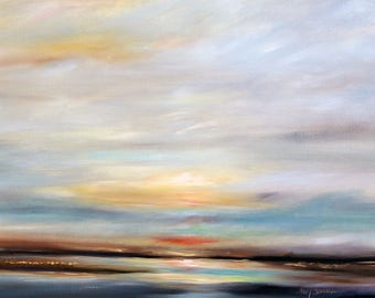 PRINT of original oil painting sunset landscape &quot;Golden&quot; water, marsh, river abstract  Mary Sparrow of Hanging the Moon Studio