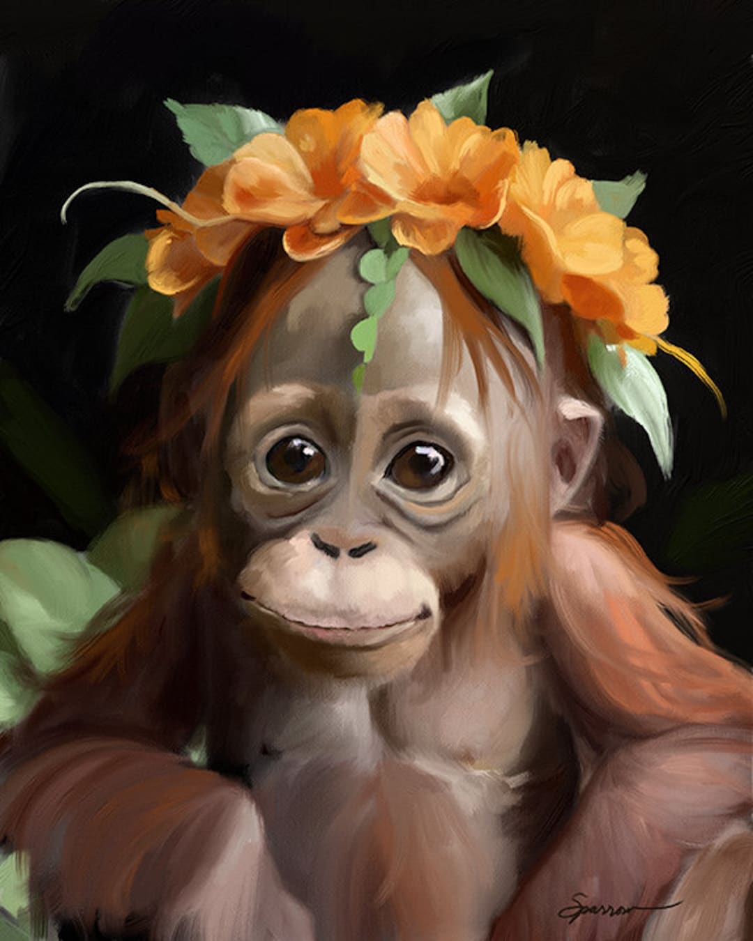 Orangutan ART Nursery Decor Girl Monkey Painting, Jungle Baby Animal