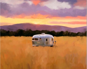 RV airstream camper decor, vintage camper painting, art for rv by Mary Sparrow, dry camping, gift for camper, retro trailer sunset mountains