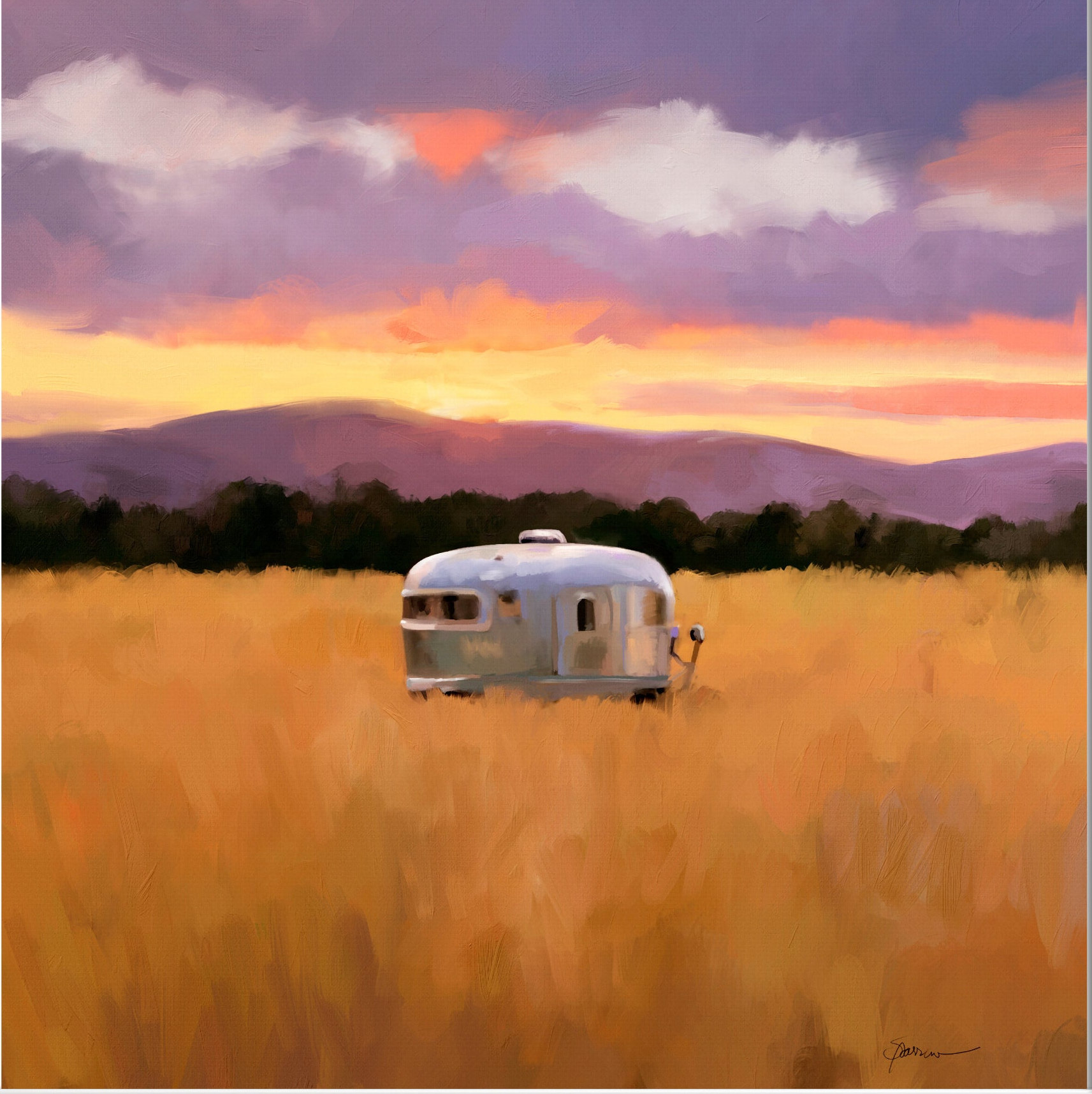 RV airstream camper decor, vintage camper painting, art for rv by Mary Sparrow, dry camping, gift for camper, retro trailer sunset mountains