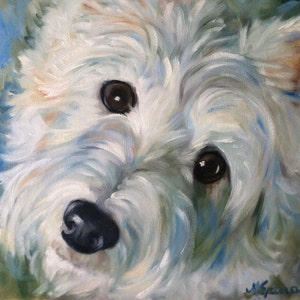 NEEDLEPOINT CANVAS PRINT Westie West Highland Terrier Dog Art by Mary Sparrow 9x12 Colorful Fun Whimsical Choose your Canvas