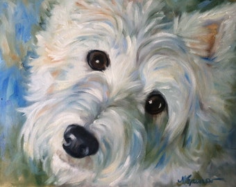 NEEDLEPOINT CANVAS PRINT Westie West Highland Terrier Dog Art by Mary Sparrow 9x12 Colorful Fun Whimsical Choose your Canvas