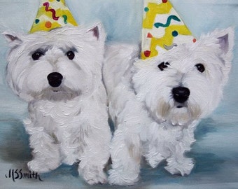 PRINT Westie West Highland Terrier Dog Art Oil Painting Happy Birthday / Mary Sparrow