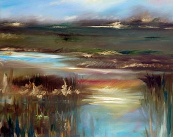 Wall Art PRINT of original painting sunset landscape &quot;Sunset Gold&quot; water, marsh, river abstract Wall Decor, coastal artwork Mary Sparrow