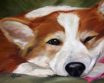 PRINT Pembroke Welsh Corgi Dog Art Oil Painting / Mary Sparrow of hanging the moon