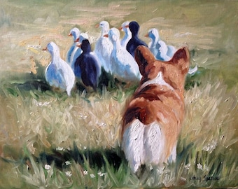 PRINT Pembroke Welsh Corgi Dog Art Oil Painting Herding dog Ducks Field / Mary Sparrow of Hanging the Moon