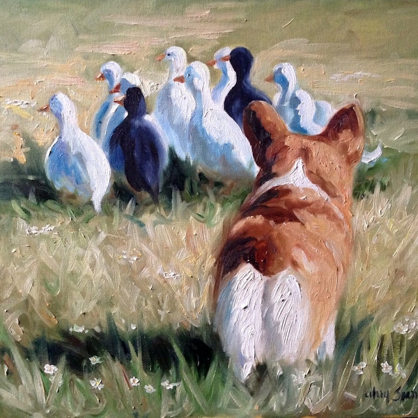 PRINT Pembroke Welsh Corgi Dog Art Oil Painting Herding dog Ducks Field / Mary Sparrow of Hanging the Moon