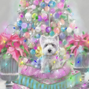 Cartes de voeux imprimables en téléchargement numérique Noël vacances Westie bricolage chien art décoration pastel sapin de Noël peinture par Mary Sparrow