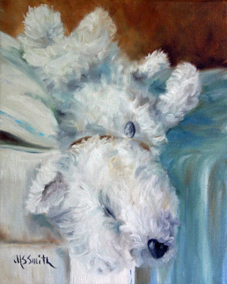 PRINT Westie West Highland Terrier Dog Art Oil Painting / Mary Sparrow pet portrait dog lover gift home decor wall art for framing sleeping image 1