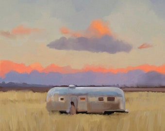 RV airstream camper decor, vintage camper painting, art for rv by Mary Sparrow, dry camping, gift for camper, retro trailer off grid camping