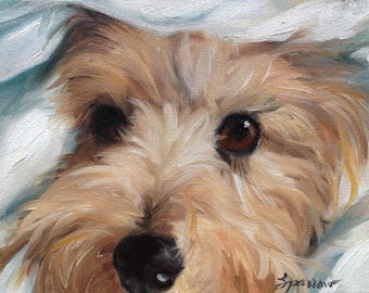 NEEDLEPOINT CANVAS PRINT Cairn Terrier Dog Art by Mary Sparrow white puppy face canine portrait by Mary Sparrow of Hanging the Moon