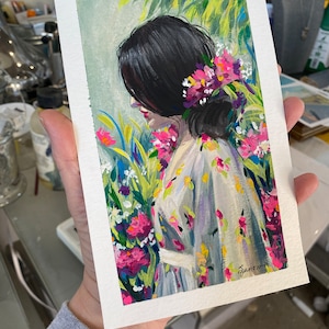 Figurative Painting ORIGINAL GOUACHE small WATERCOLOR  woman Retro Vintage Style Garden romantic flowers wall art home decor Mary Sparrow