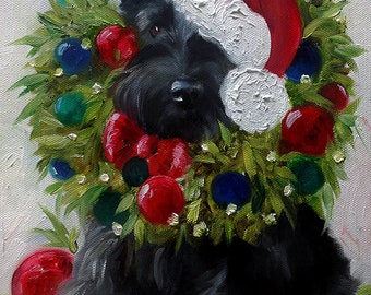 Printable Digital Download Scottish Terrier Scottie Holiday dog Pet Portrait Wall art DIY framable by Mary Sparrow Christmas Greeting card