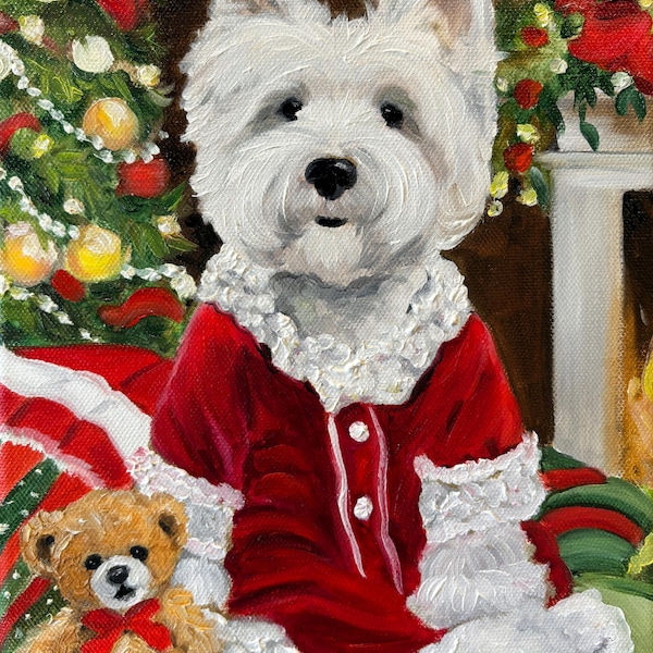 Retrato de mascota de Westie West Highland Terrier para imprimir en formato digital, para pared, para enmarcar, para Navidad, Mary Sparrow
