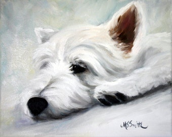 PRINT Westie West Highland Terrier Dog Art Oil Painting / Mary Sparrow artwork for kid's room or nursery, gift for dog mom, Pet portrait