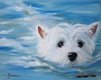 Mono Deluxe Needlepoint Canvas Swimming Westie West Highland Terrier Dog Art by Mary Sparrow white puppy face canine portrait painting