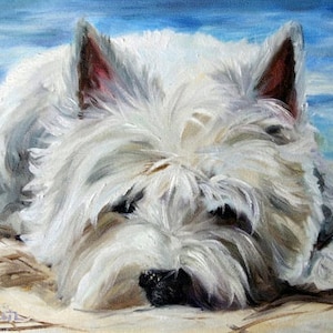 PRINT White Westie West Highland Terrier Dog Art Print Oil Painting Beach Ocean Sand / Mary Sparrow Wall decor
