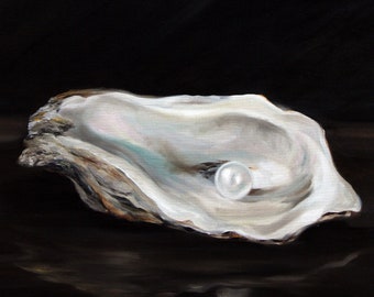 Kitchen art print of original oil painting of oyster shell with pearl, art for beach house, restaurant art, by Mary Sparrow 5x7