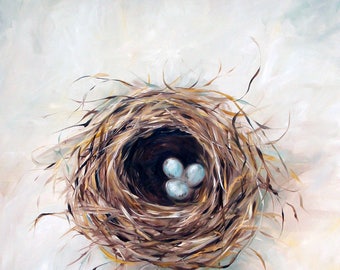 PRINT of original oil painting bird nest robin eggs "Triplets" Mary Sparrow . Bird artwork,  gift for bird watcher, nature artwork,
