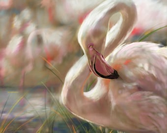 PRINT Pink Flamingo Sunset tropical Fine feathered friendsbird art by Mary Sparrow Gift for bird lover home decor wall art print for framing